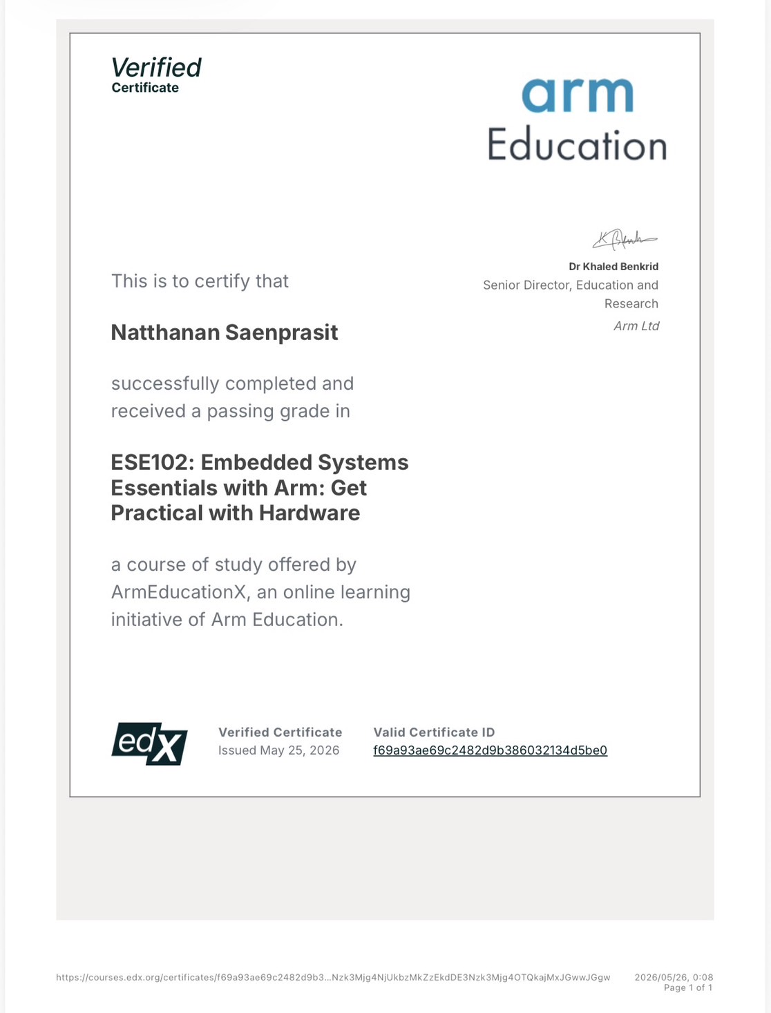 Arm ESE102 Embedded Systems Essentials certificate